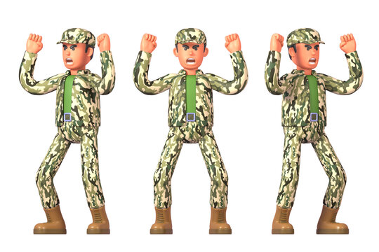 3d render of soldier in military uniform angry, shouting in rage