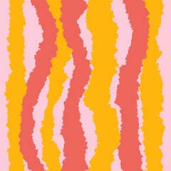 Obraz premium Hand drawn seamless pattern with stripes lines geometric abstract shapes in red orange yellow colors. Mid century modern background for fabric print wallpaper wrapping paper. Contemporary trendy fluid