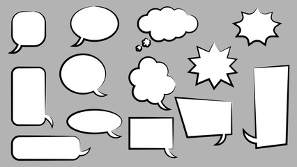 blank white speech bubble set. cartoon chat box with blank ink frame isolated on grey background