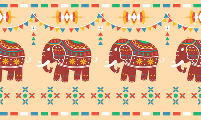 Seamless pattern of beautiful elephants walking in fun festival decorated with colorful geometrics vector.