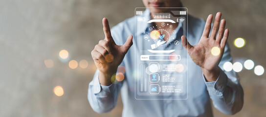 Energy efficiency rating of buildings for sustainable development, Businessman's hands with green energy saving icon.