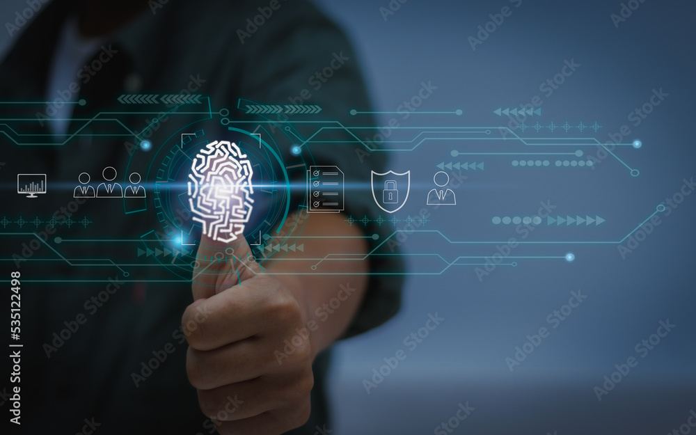 Poster businessman's hand touching fingerprint scanner icon on virtual screen, identity verification techno