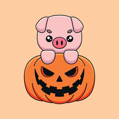 cute pumpkin pig halloween cartoon mascot doodle art hand drawn concept vector kawaii icon illustration