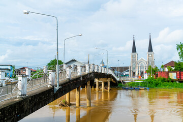 Cathedral of the Immaculate Conception with Niramon bridge at Chanthaburi in Thailand