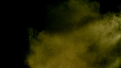Fototapeta na wymiar Scene glowing yellow smoke. Atmospheric smoke, abstract color background, close-up. Royalty high-quality free stock of Vibrant colors spectrum. Yellow mist or smog moves on black background