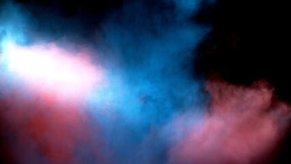 Obraz na płótnie Canvas Scene glowing blue, red, pink smoke. Atmospheric smoke, abstract color background, close-up. High-quality stock of Vibrant colors spectrum. Blue, red, pink mist or smog moves on black background