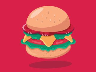Vector cartoon beef burger design illustration. Burger vector food icon illustration on red background