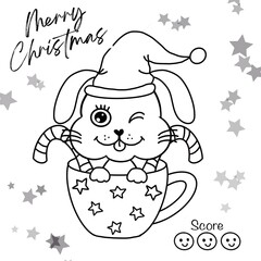 christmas bunny in the cup. Coloring page can print out with good quality. On white back gound.