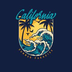 California t-shirt design with waves, palm trees and sun. Vector illustration.