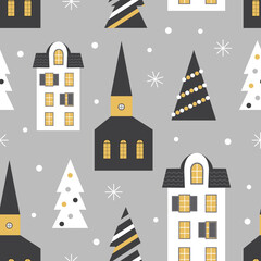 vector seamless winter christmas pattern in scandinavian style with cozy houses and trees