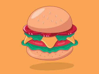 Vector cartoon cheese burger design illustration with border lines. Burger vector food icon illustration on yellow background
