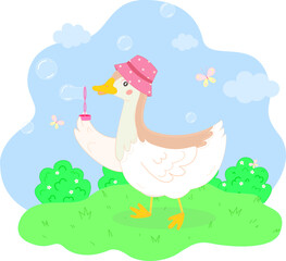 Cute goose blows bubbles, cartoon character illustration