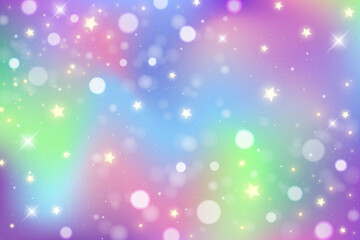 Obraz premium Rainbow unicorn background. Pastel gradient color sky with glitter and bokeh. Magic galaxy space and stars. Vector abstract pattern.