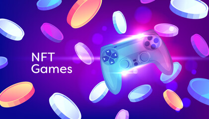 NFT Games Console. Game controller with Tokens crypto currency on purple background.