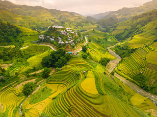 Aerial view of golden rice terraces at Mu cang chai town near Sapa city, north of Vietnam....