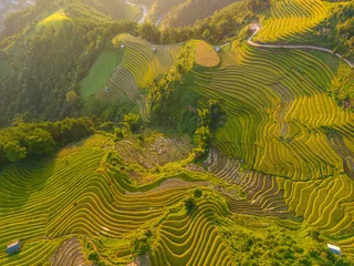 Foto op Plexiglas Mu Cang Chai Aerial view of golden rice terraces at Mu cang chai town near Sapa city, north of Vietnam. Beautiful terraced rice field in harvest season in Yen Bai, Vietnam