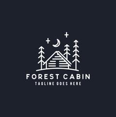Traditional Forest Wooden House, Villa Log Cabin Cottage with Pine Evergreen Fir Trees for Adventure Outdoor Holiday Camp logo design