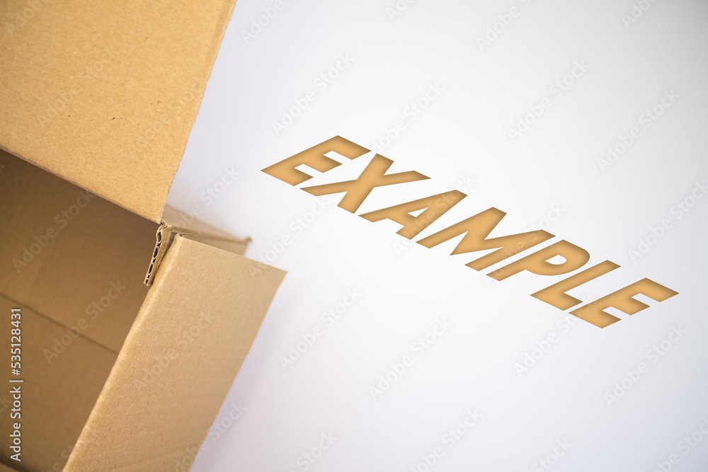 Poster example word with cardboard box. brown folded card box.