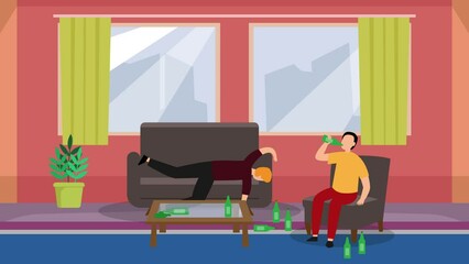 Two people drinking beer together in living room