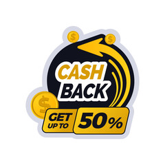 cashback sticker design with yellow arrow and dollar coin illustration perfect for boost your product promotion sales