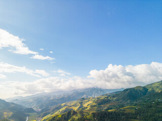 Aerial view of golden rice terraces at Mu cang chai town near Sapa city, north of Vietnam. Beautiful terraced rice field in harvest season in Yen Bai, Vietnam