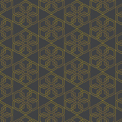 Seamless pattern design of golden hexagon shapes thread each other on black background vector.
