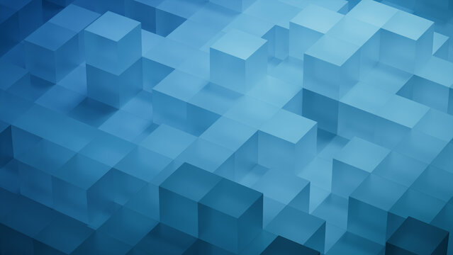 Precisely Arranged Translucent Blocks. Blue, Futuristic Tech Wallpaper. 3D Render.