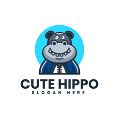 Vector Logo Illustration Hippo Mascot Cartoon Style.