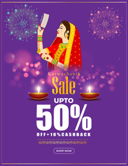 vector illustration for Indian festival Karwa chauth sale banner, offer template.