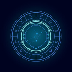 Magic wheel with virgo star sign and twelve signs of the zodiac in a dark background, astrology, esotericism. Astrology zodiac star signs magic circle
