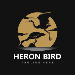 Bird Heron Stork Logo Design, Birds Heron Flying On The River Vector, Product Brand Illustration