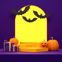 3d rendering mockup halloween scene of yellow podium in square with yellow glow background
