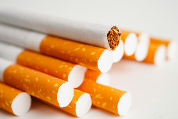 Cigarette, roll tobacco in paper with filter tube, No smoking concept.