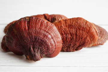 Lingzhi or Reishi mushroom with capsules, organic natural healthy food.