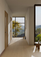 Modern contemporary home or apartment corridor interior with wooden door, large window