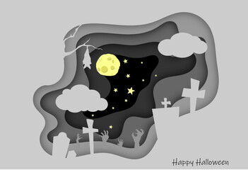 Halloween cemetery image at night with stars and full moon, paper cut concept, zombie and bat silhouettes for website background.
