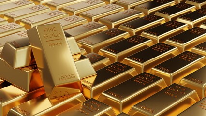 3D illustration. Close-up pure gold bar put on the black color surface background. Business and finance concept