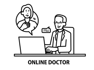 オンラインで患者の診察をする医師のイラスト素材　線画のみ