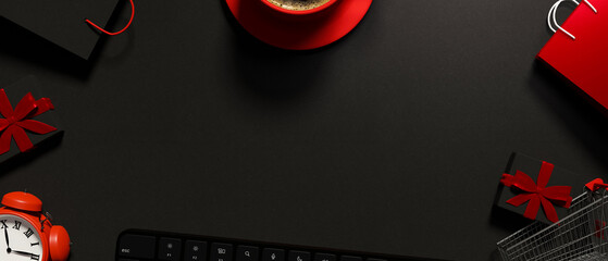 Online shopping graphic banner in black and red theme. Copy space on black background