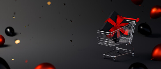 Online shopping, Black Friday graphic banner with shopping cart, gift box on black background