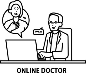 Fototapeta na wymiar オンラインで患者の診察をする医師のイラスト素材　線画のみ