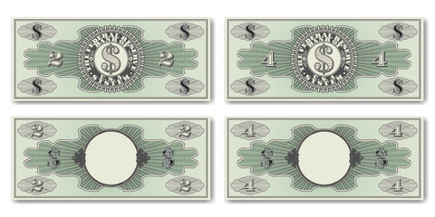 A set of fictional US paper money. Obverse and reverse of 2 and 4 dollar banknotes. Guilloche grids and shadows