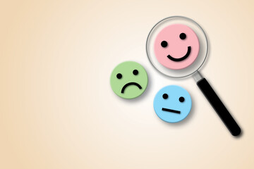 Magnifier focuses on smile face circle and pastel background. Concept of positive thinking, mental health assessment and world mental health day. copy space. illustration of 3d paper cut design style.