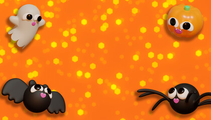 Halloween banner whit spider and bat. 3D Illustration. Above view over an orange banner background with copy space.