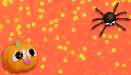 Halloween banner whit pumpkin and spider. 3D Illustration. Above view over an orange banner background with copy space.