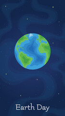 International Earth Day environment protection banner. Flat style planet Earth on vertical space blue background for world ecology, green energy and global recycling projects