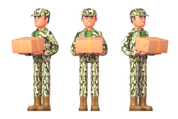 3d render of soldier in military uniform holding parcel or package box