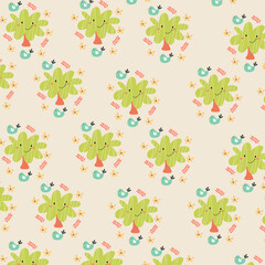 Seamless pattern with cute trees and bird. Perfect for children's clothing designs and wallpapers