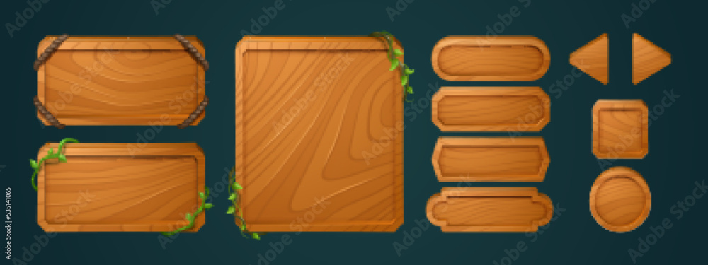 Poster wooden game buttons, menu interface made of wood textured boards with ropes and vines. ui or gui gra