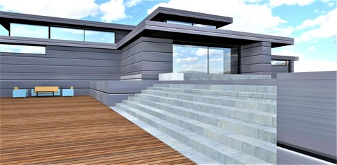 A stylish staircase with wide concrete steps adjoins a wooden deck below. Upstairs is the porch of an advanced eco-friendly home with metal trim. 3d rendering.